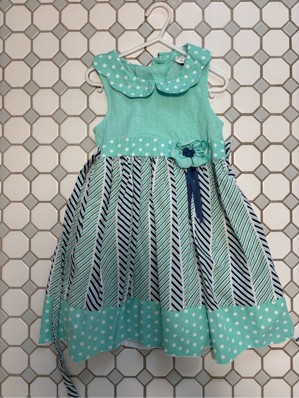 Rare Editions Girls Mint Polka Dot & Chevron Party Dress with Flower Accent